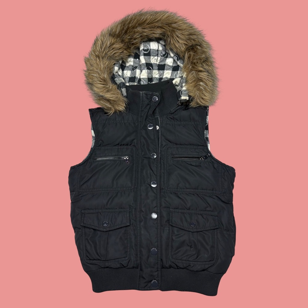 2000s Victoria's Secret PINK Black Puffer Vest Faux Fur Hood Plaid Lining XS